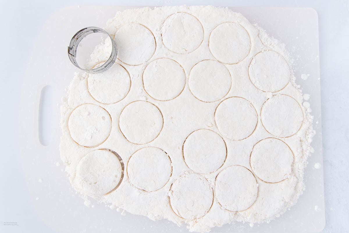 A sheet of dough with circular shapes cut out on a floured surface. A round cookie cutter is visible, with several neatly cut pieces ready for baking.