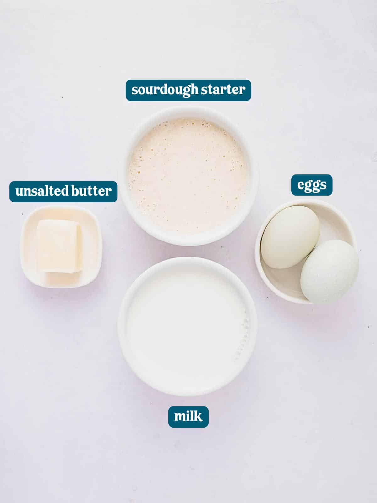 A top-down view of baking ingredients in bowls: a sourdough starter, two eggs, a small piece of unsalted butter, and a bowl of milk, all labeled on a white surface.