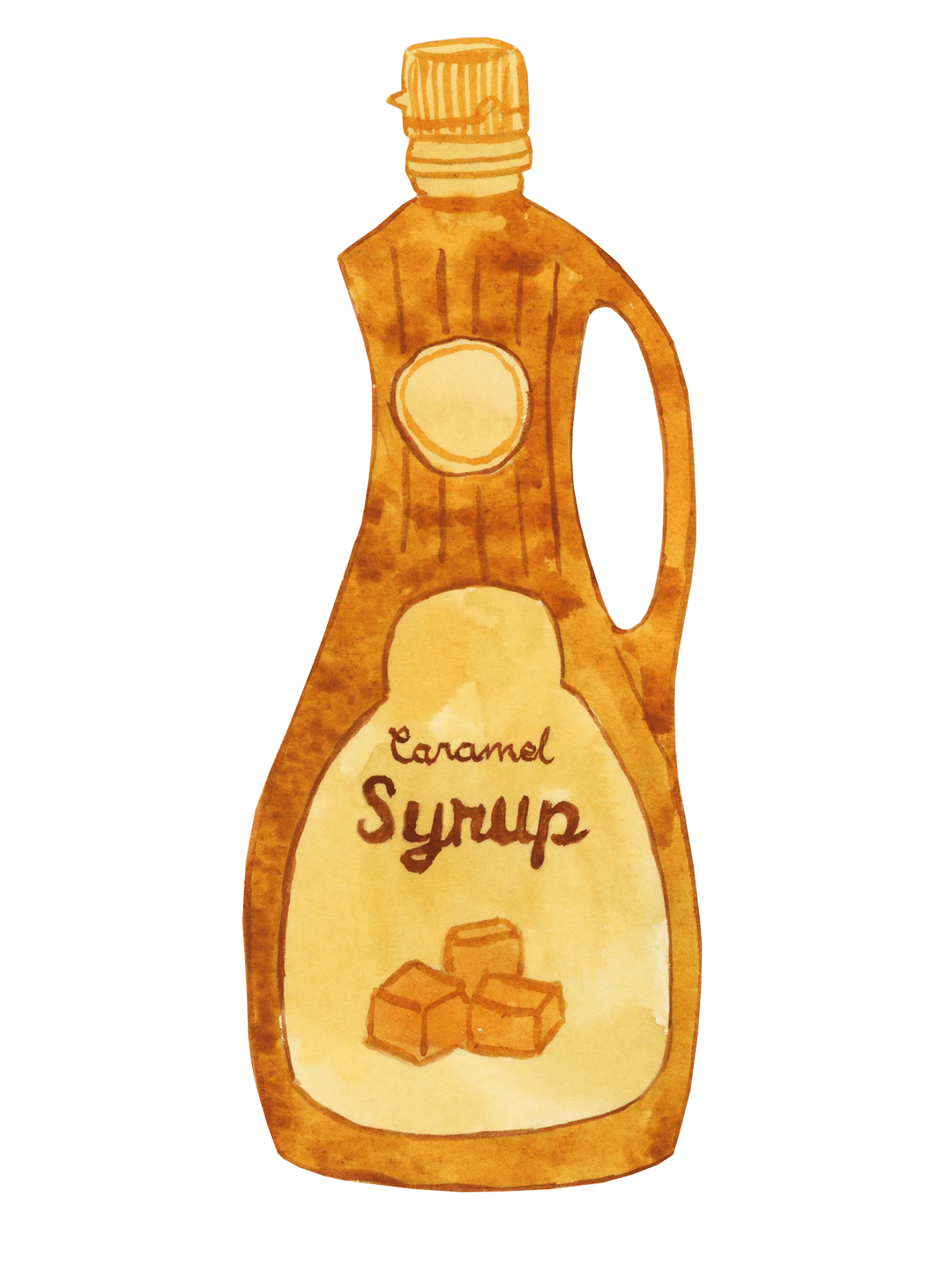 Illustration of a caramel syrup bottle with a brown label. The label includes the words "Caramel Syrup" and features an image of caramel cubes. The bottle has a handle and a screw cap.