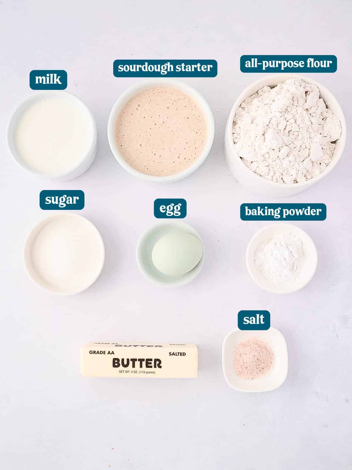 Ingredients for a recipe are arranged on a light surface: milk, sourdough starter, all-purpose flour, sugar, an egg, baking powder, salt, and a stick of salted butter. Each item is labeled with text.