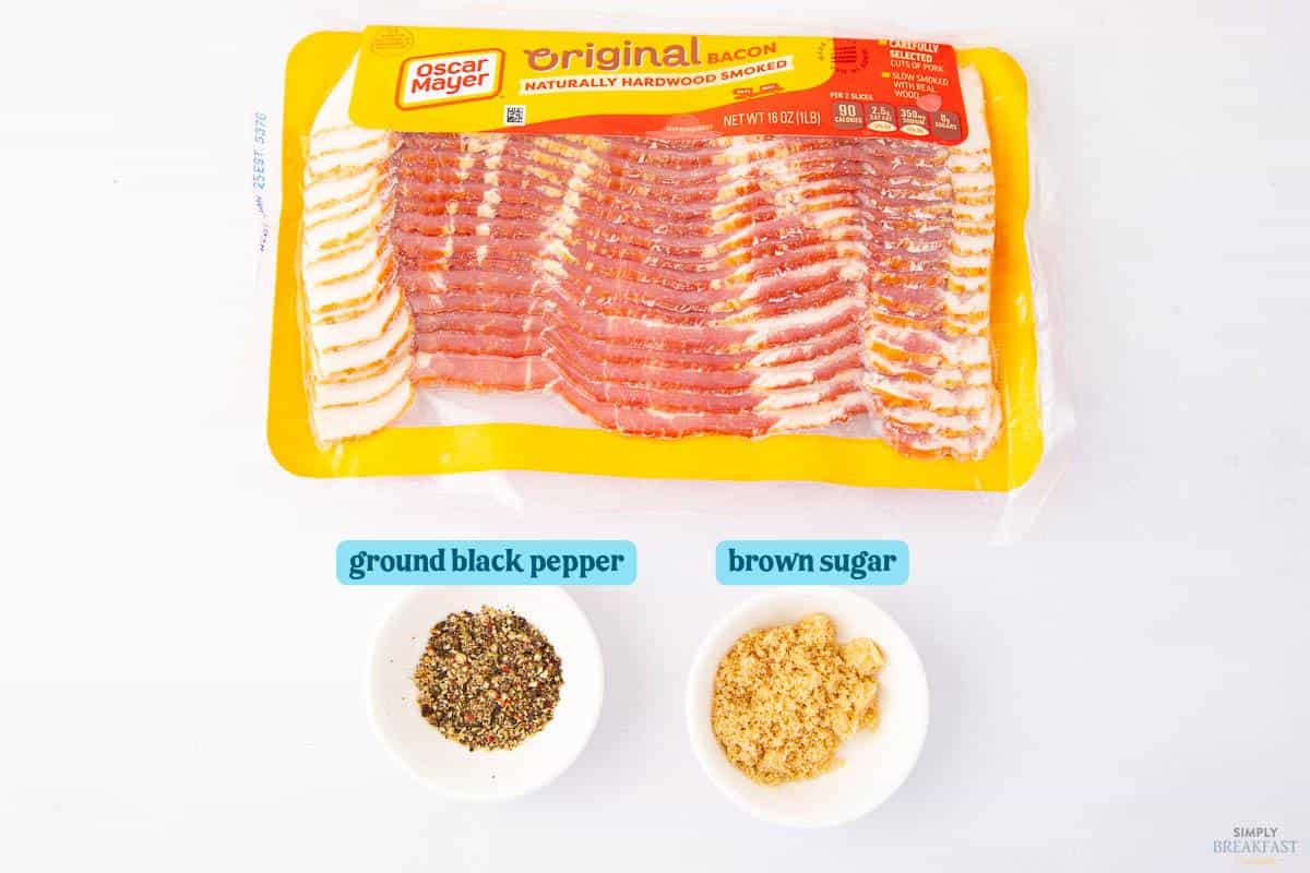 A package of Oscar Mayer original naturally hardwood smoked bacon sits above two small bowls. One bowl contains ground black pepper and the other contains brown sugar, labeled respectively. The background is white.