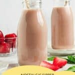 Two glass bottles filled with strawberry milk, each with a straw, sit on a white surface beside fresh strawberries and mint leaves. Text at the bottom promotes a strawberry milk recipe website.
