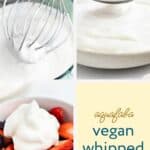 Aquafaba vegan whipped cream shown in a mixing bowl, on a spoon, and served on top of a bowl of mixed berries.