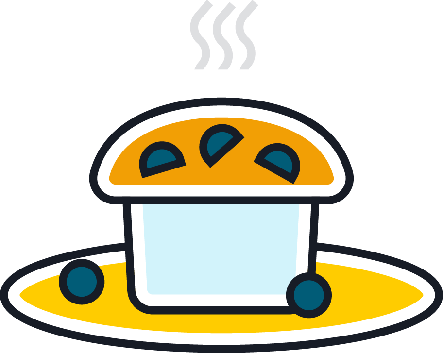 Illustration of a muffin with blue spots on a yellow plate, emitting two lines of steam to indicate warmth, with two blueberries on the plate.