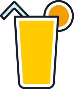 A glass of orange juice with a straw and an orange slice on the rim.
