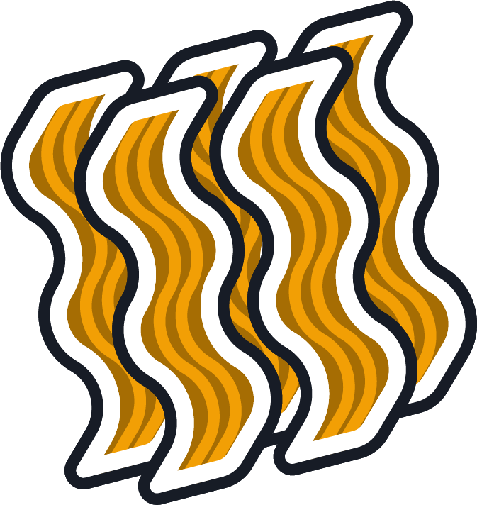 A stylized illustration of three wavy, orange and yellow bacon strips outlined in black and white, arranged parallel to each other.