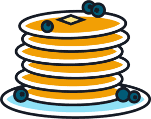 A stack of six pancakes topped with a pat of butter and scattered blueberries, served on a blue-rimmed white plate.