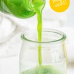 A glass jar is being filled with green juice from a bottle. The image includes text: “GREEN JUICE,” “bright start!,” and “READ MORE.”.